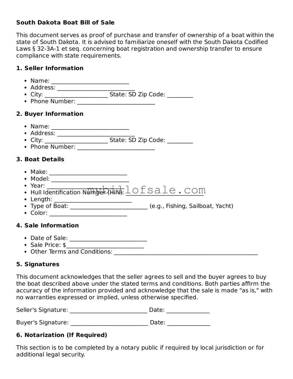 Official South Dakota Boat Bill of Sale Template