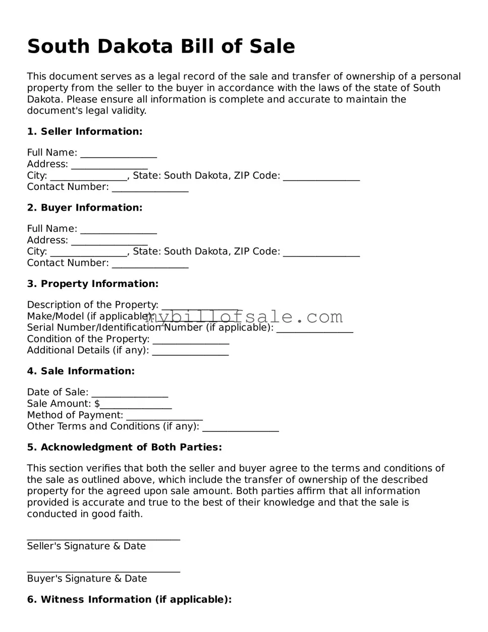 Official South Dakota Bill of Sale Template