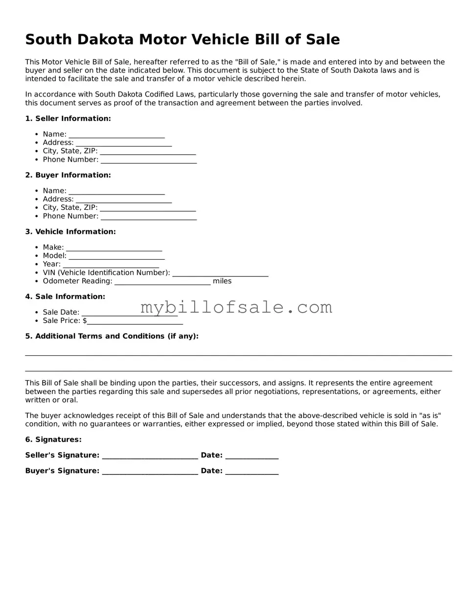 Official South Dakota Motor Vehicle Bill of Sale Template