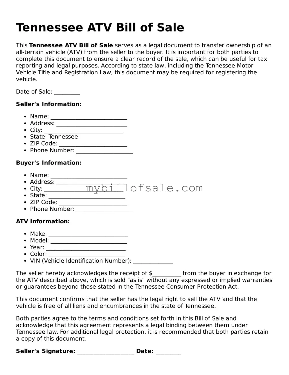 Official Tennessee ATV Bill of Sale Template