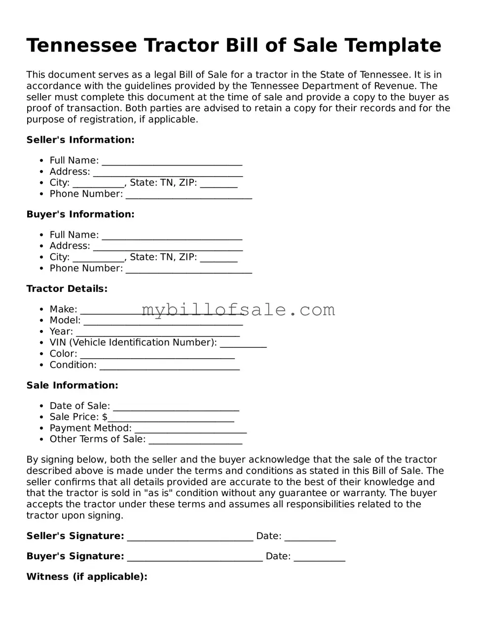 Official Tennessee Tractor Bill of Sale Template