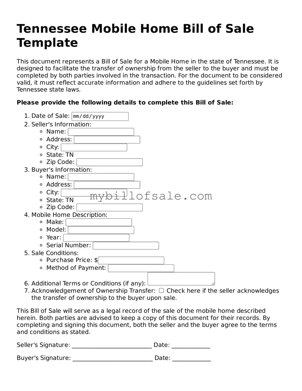Official Tennessee Mobile Home Bill of Sale Template