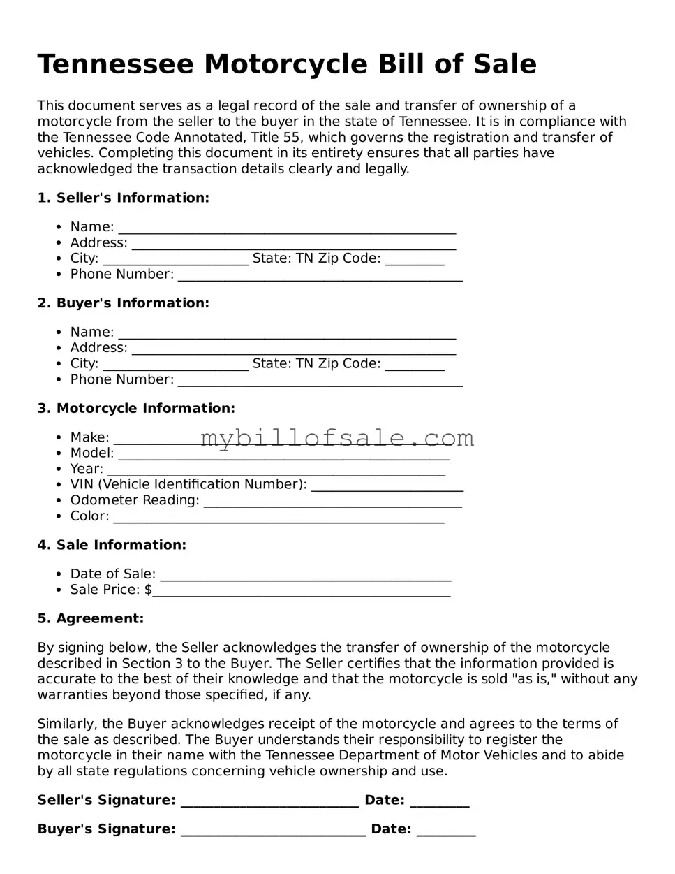 Official Tennessee Motorcycle Bill of Sale Template
