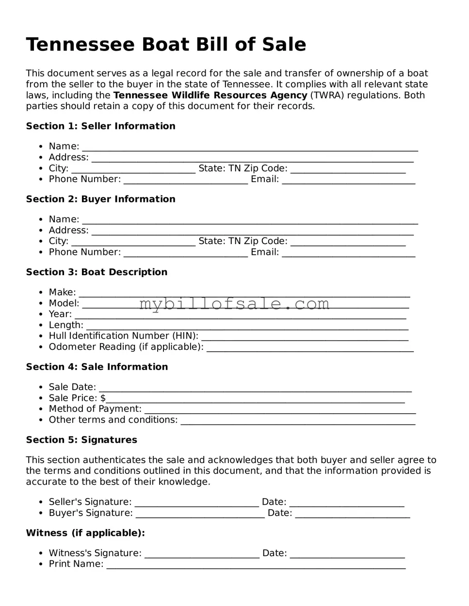 Official Tennessee Boat Bill of Sale Template
