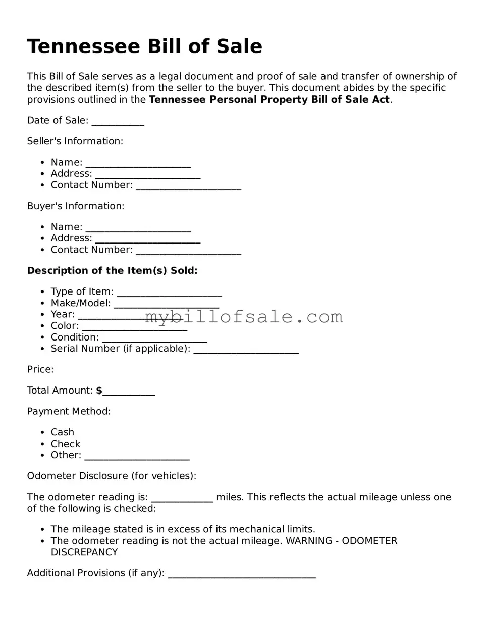 Official Tennessee Bill of Sale Template