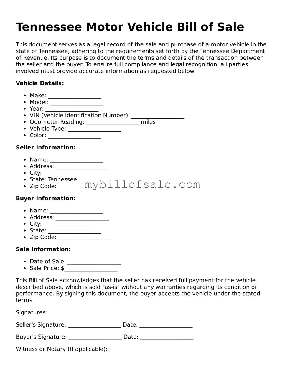 Official Tennessee Motor Vehicle Bill of Sale Template