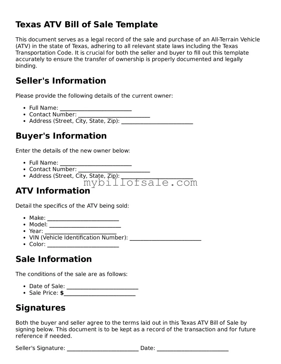 Official Texas ATV Bill of Sale Template
