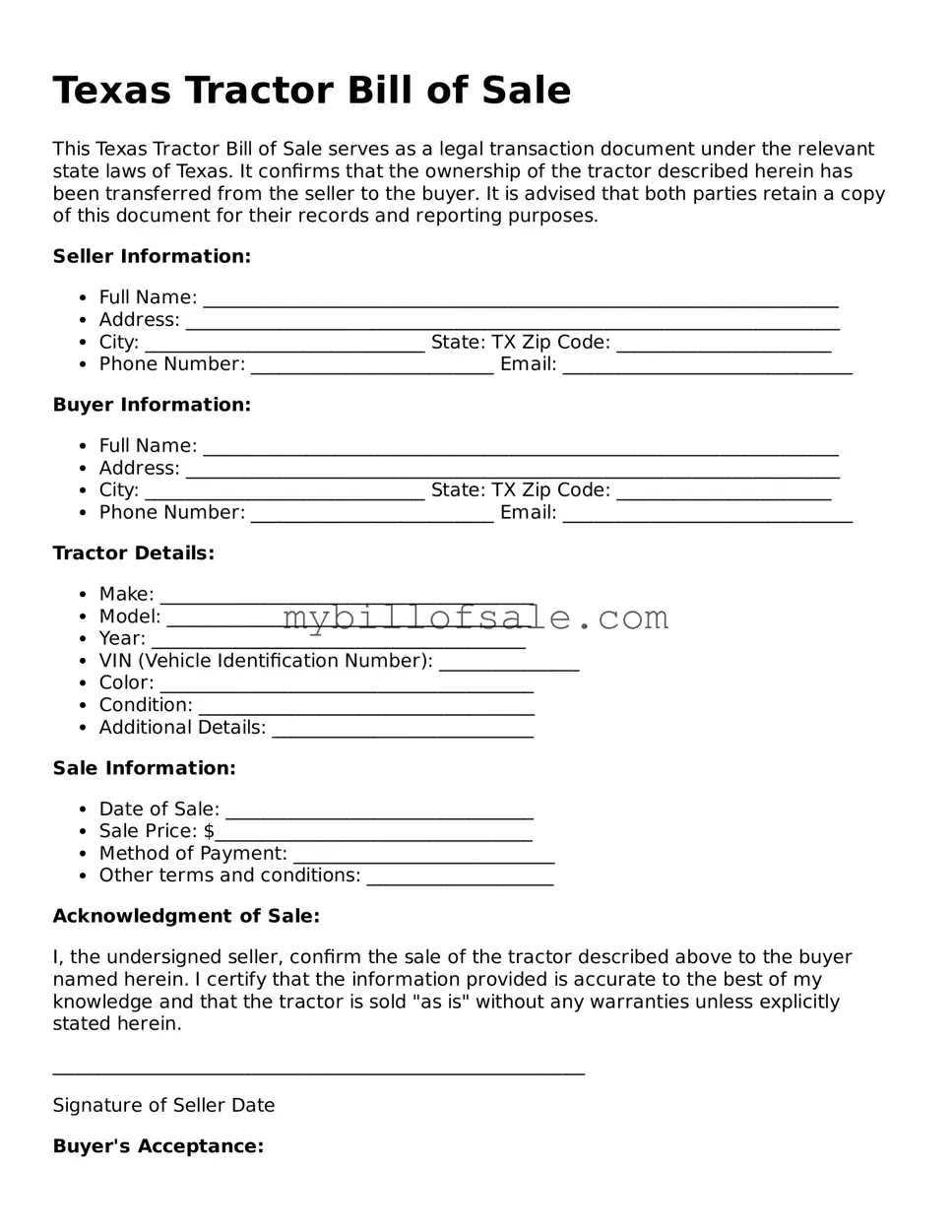 Official Texas Tractor Bill of Sale Template