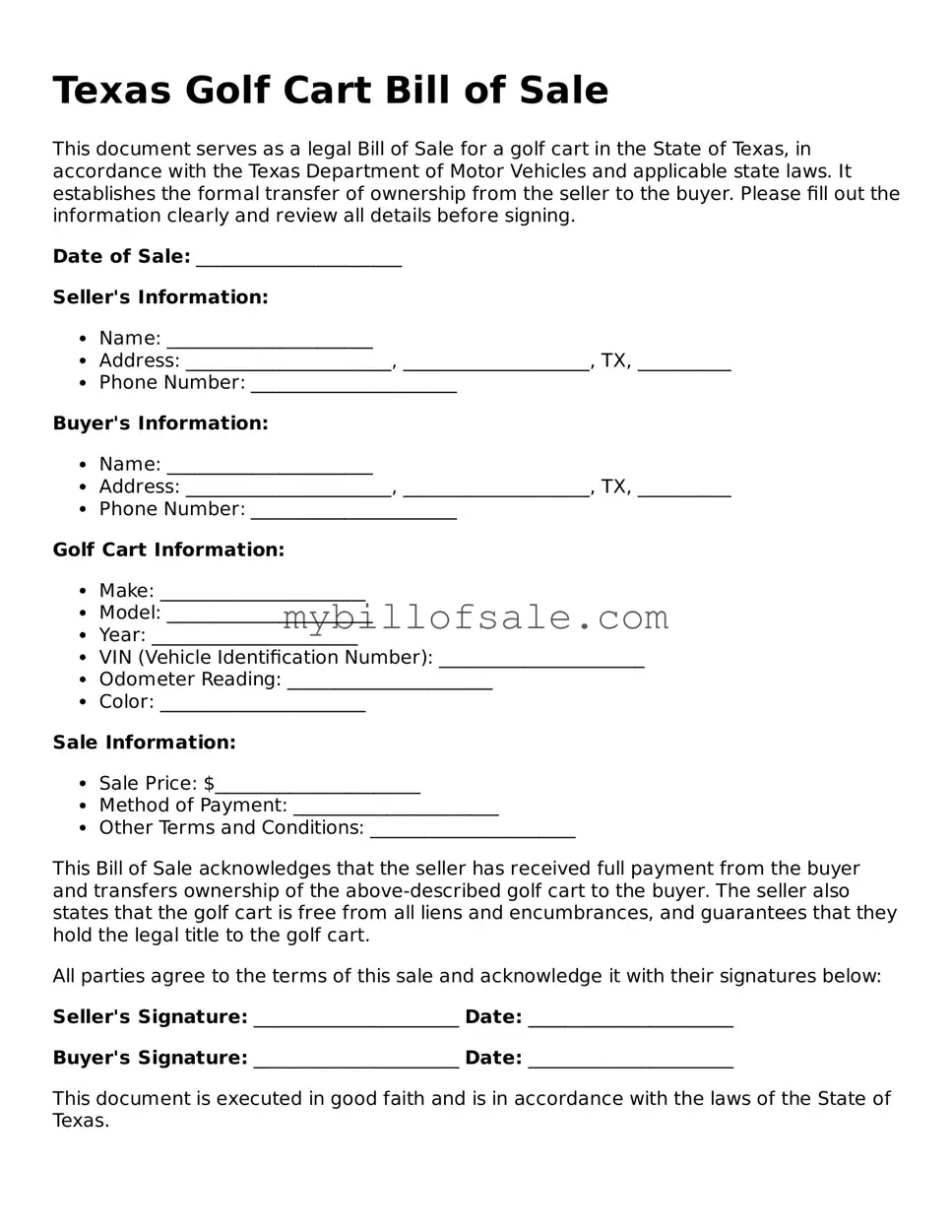 Official Texas Golf Cart Bill of Sale Template