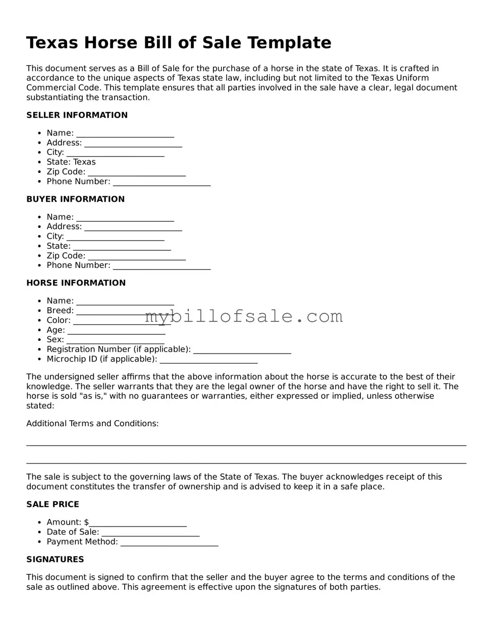 Official Texas Horse Bill of Sale Template