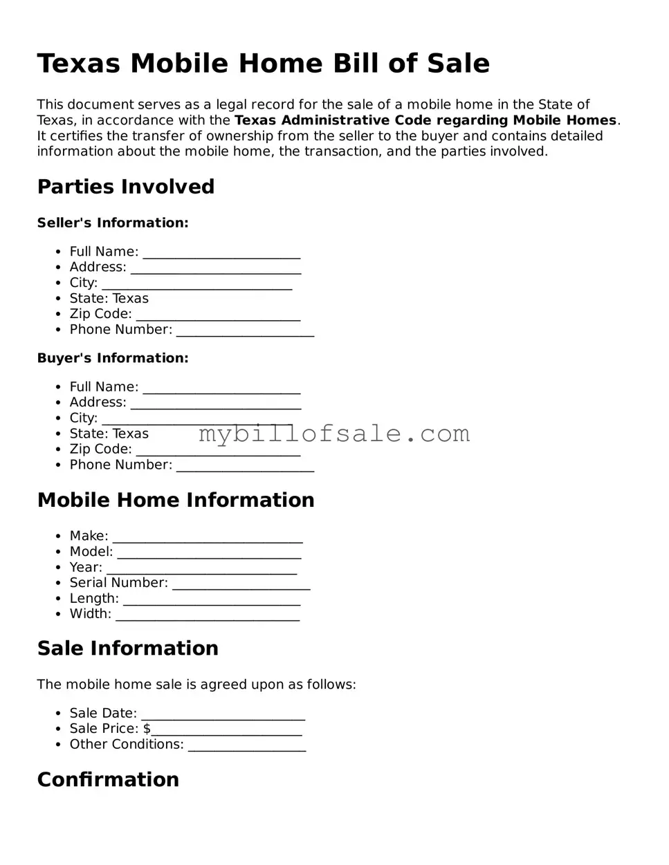 Official Texas Mobile Home Bill of Sale Template