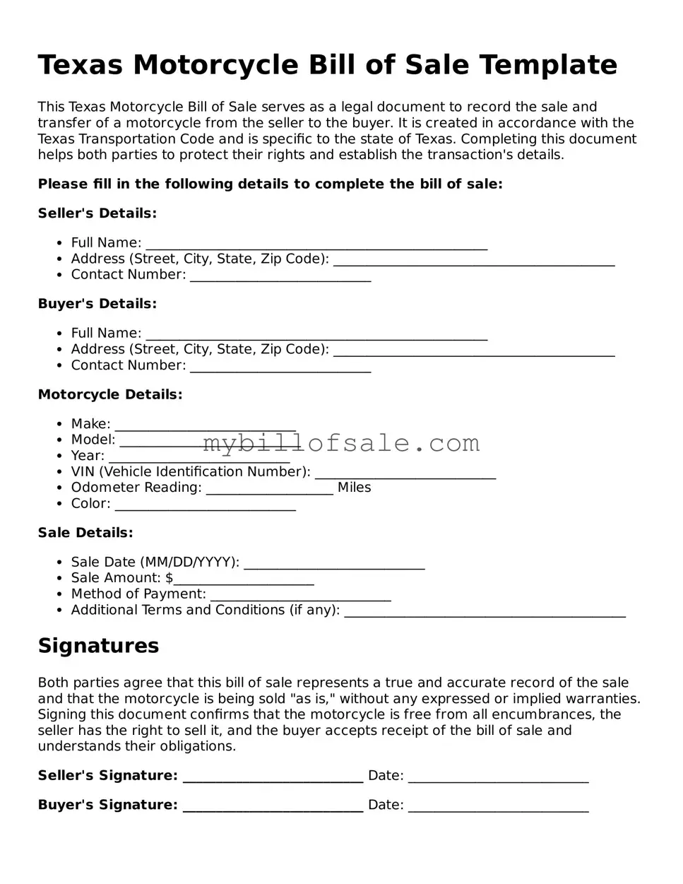 Official Texas Motorcycle Bill of Sale Template