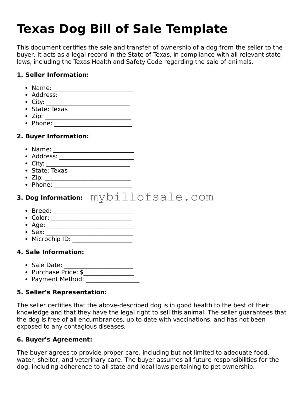 Official Texas Dog Bill of Sale Template