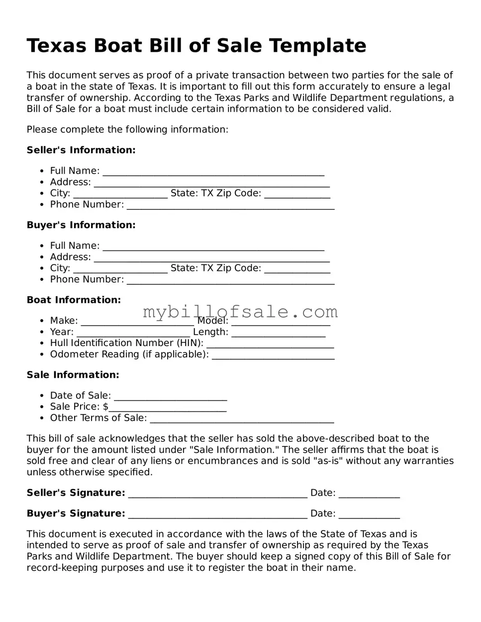 Official Texas Boat Bill of Sale Template
