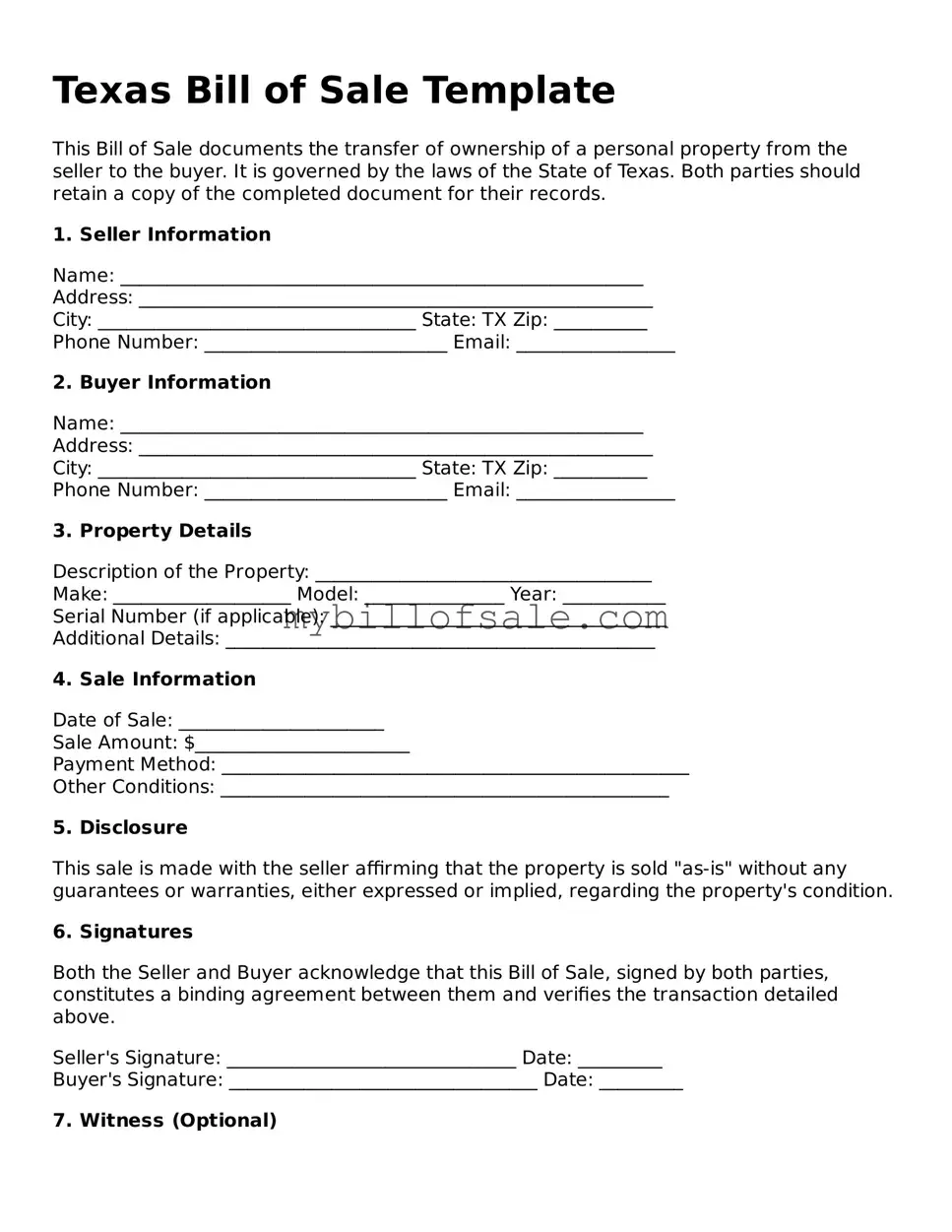 Official Texas Bill of Sale Template