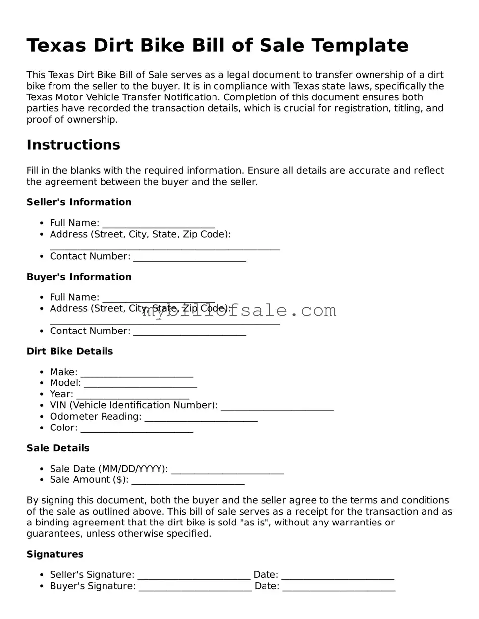 Official Texas Dirt Bike Bill of Sale Template