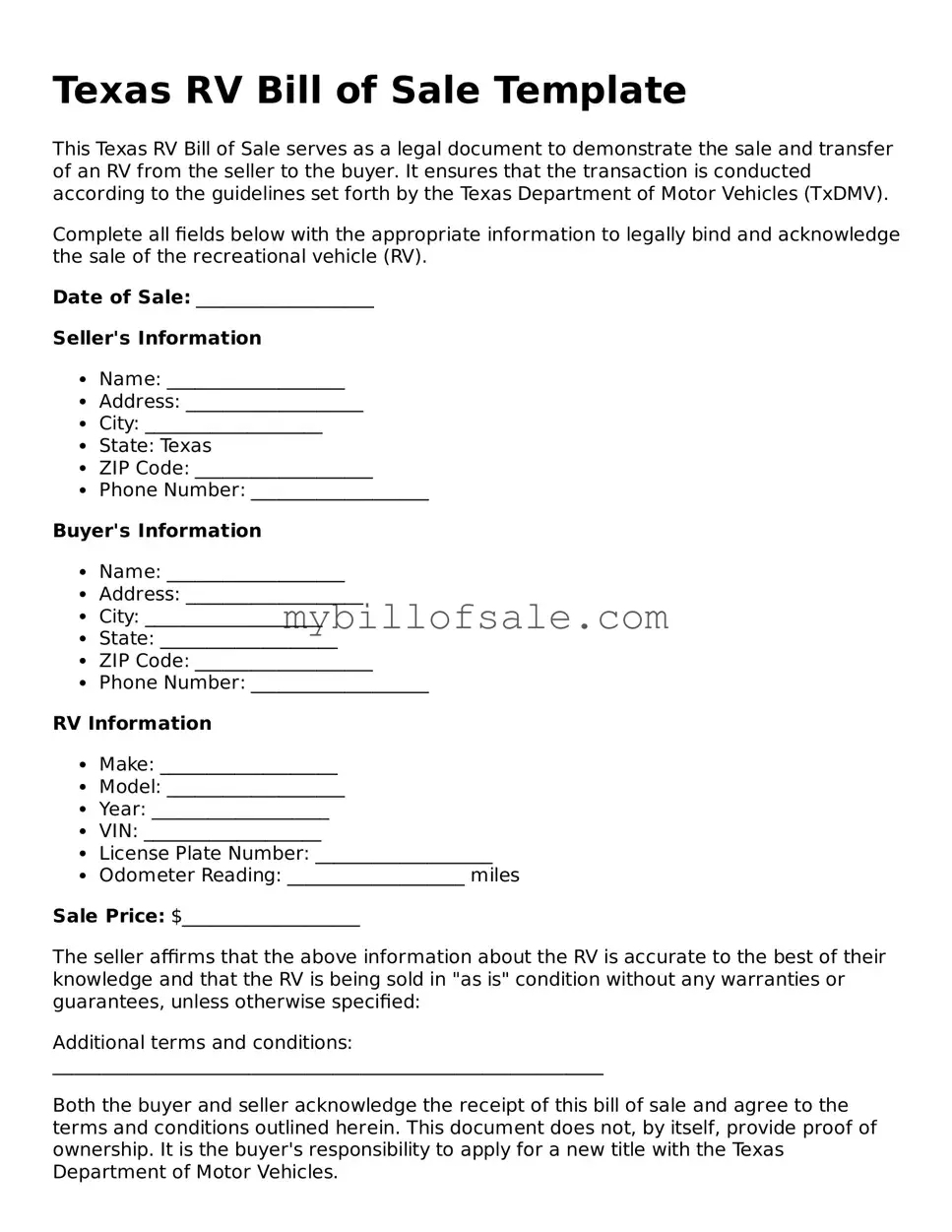Official Texas RV Bill of Sale Template