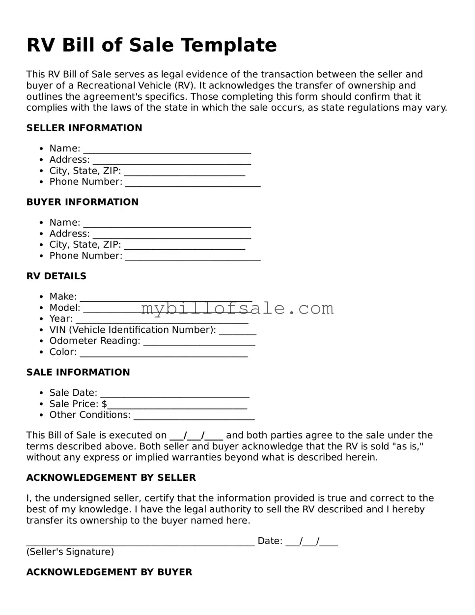 Blank RV Bill of Sale Form