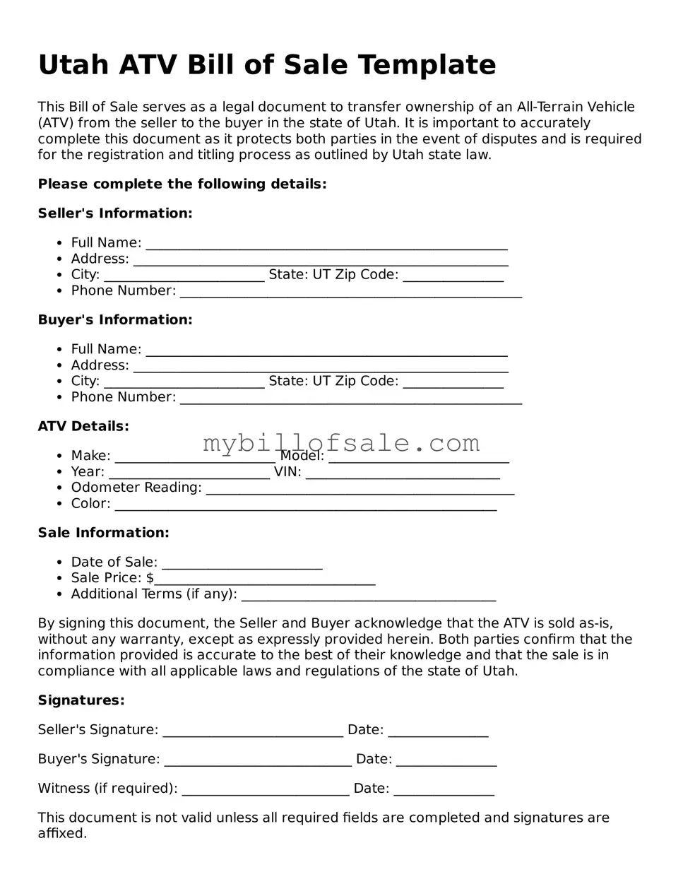 Official Utah ATV Bill of Sale Template