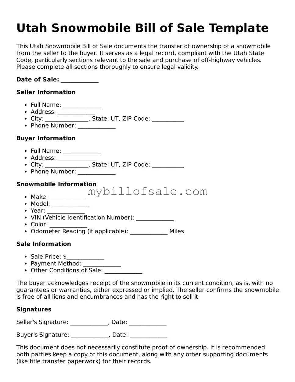 Official Utah Snowmobile Bill of Sale Template