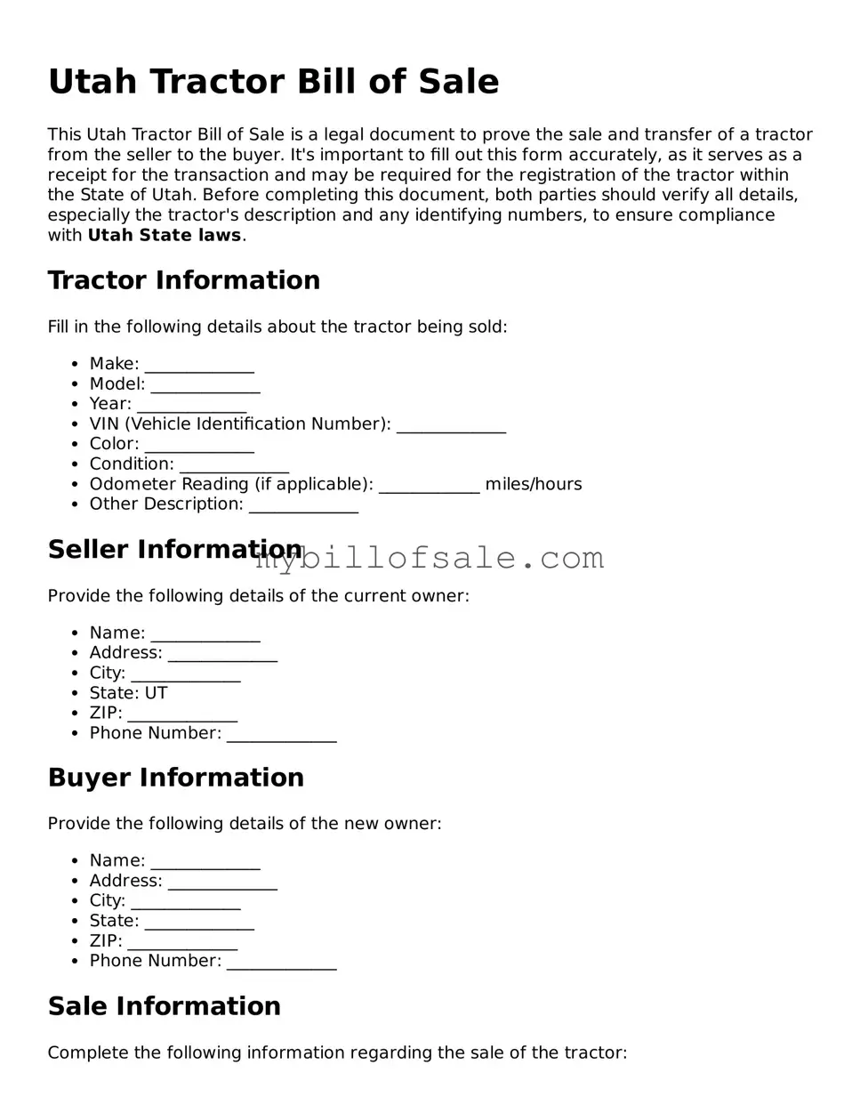 Official Utah Tractor Bill of Sale Template