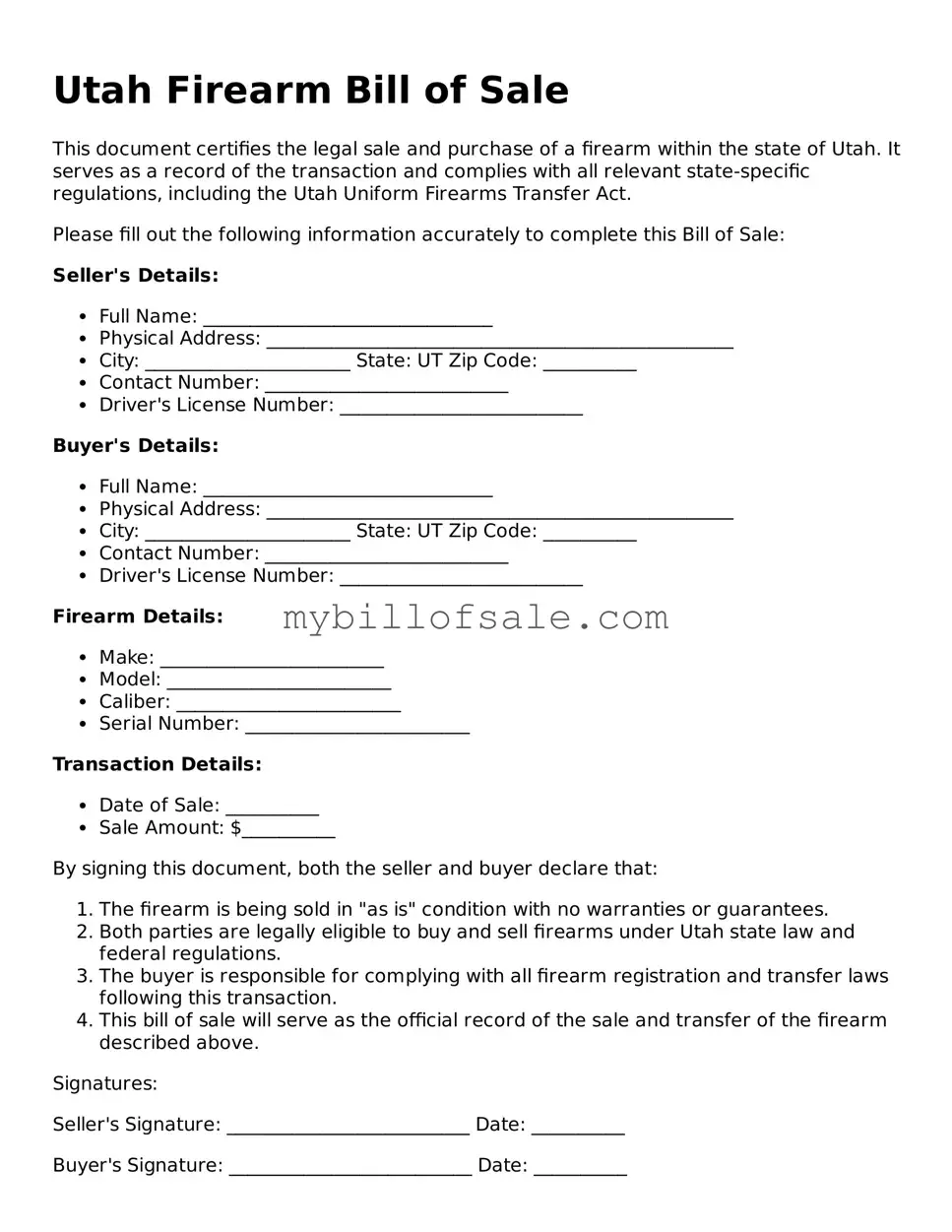 Official Utah Firearm Bill of Sale Template