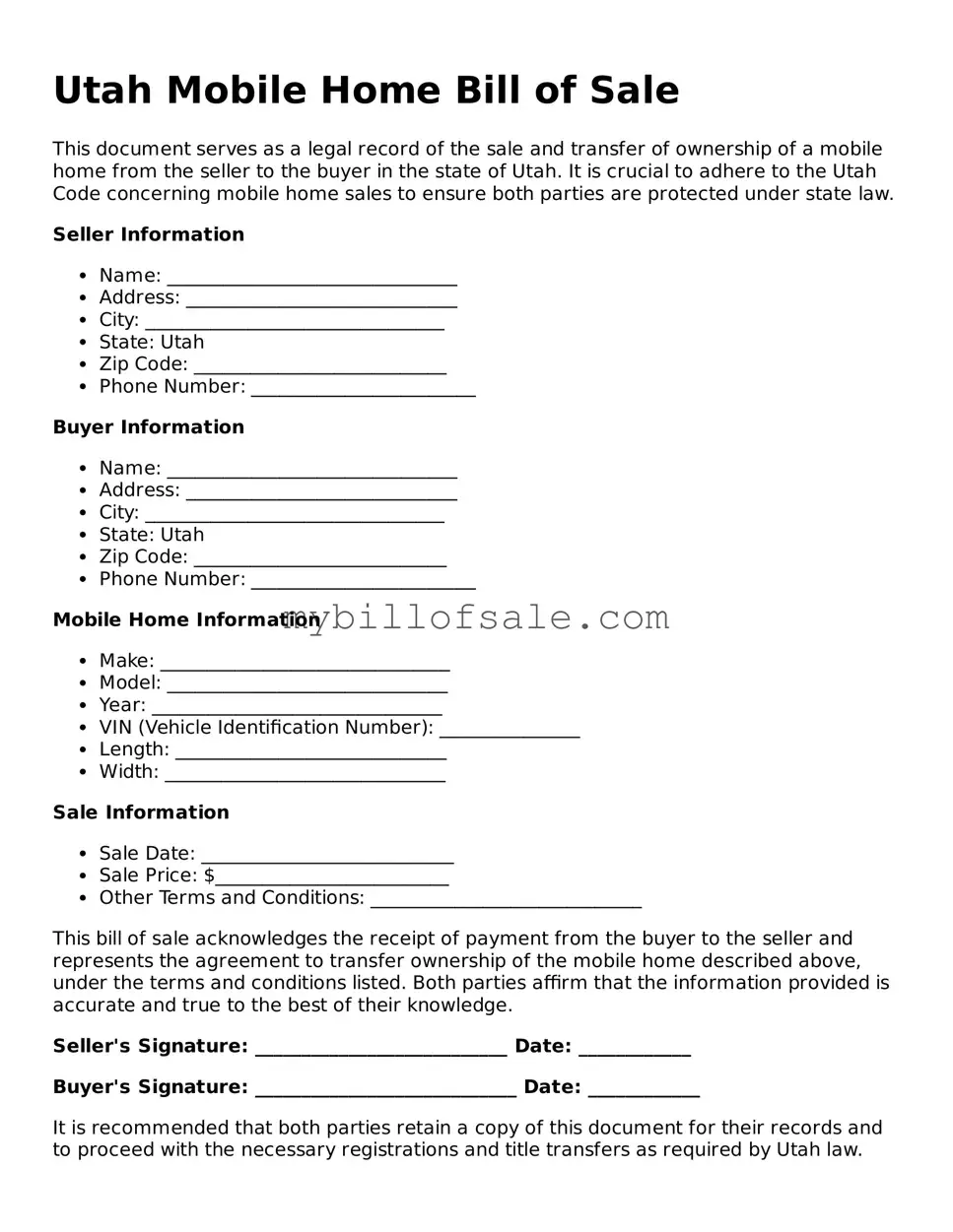 Official Utah Mobile Home Bill of Sale Template