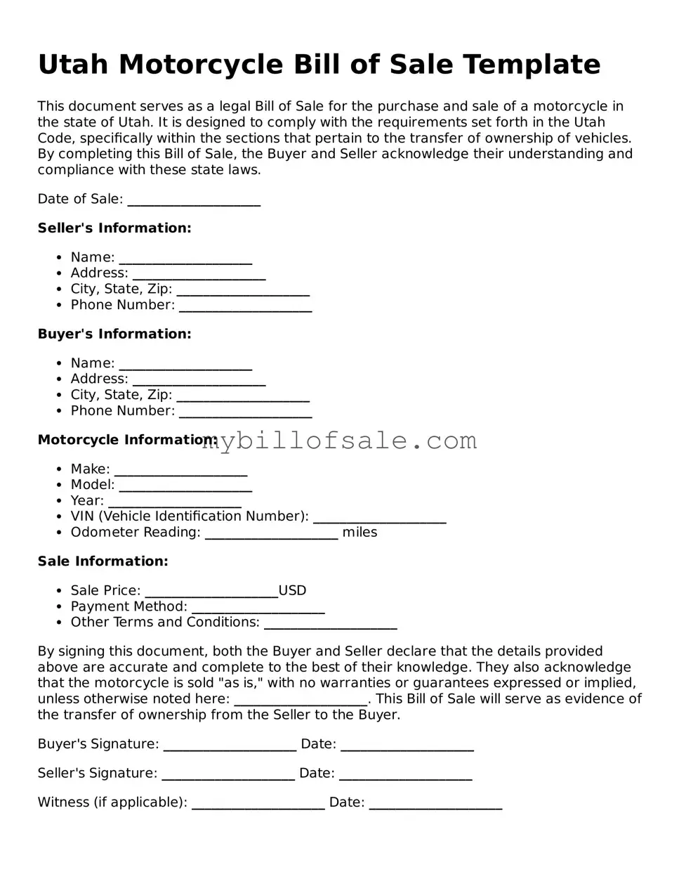 Official Utah Motorcycle Bill of Sale Template