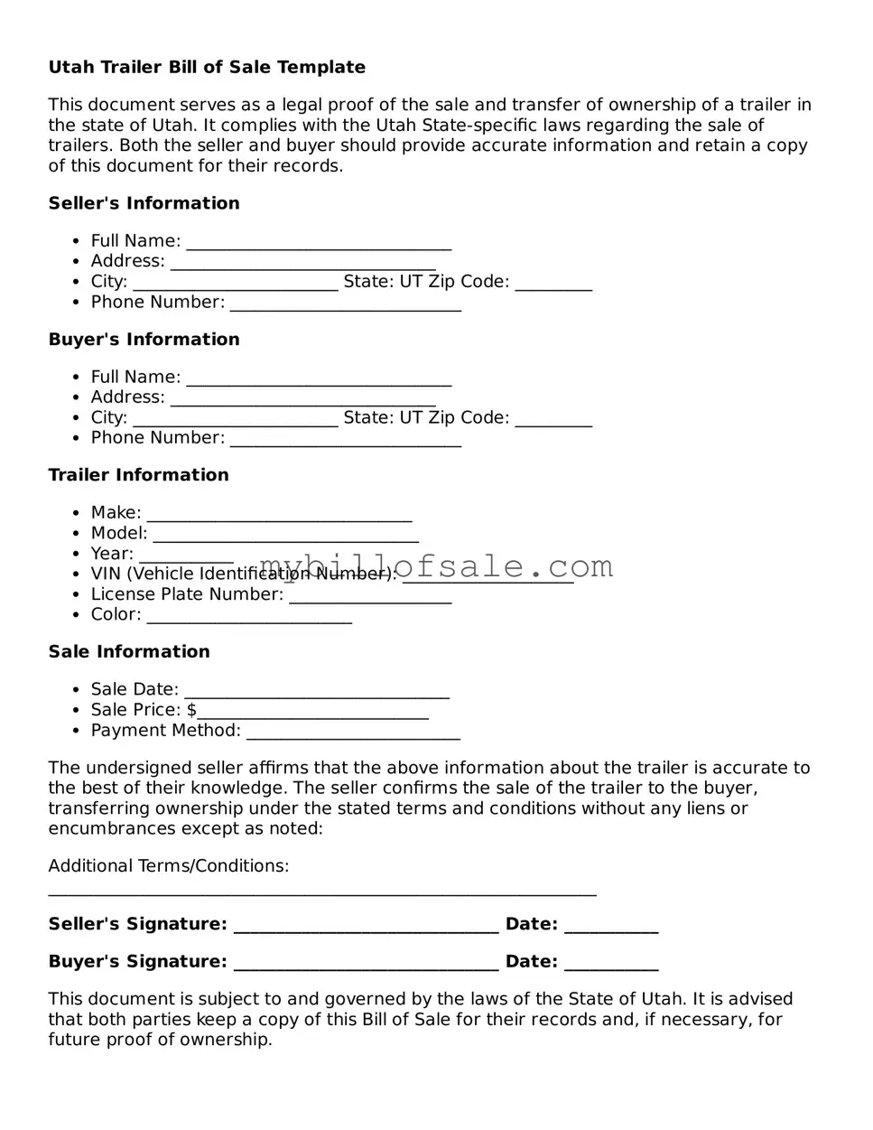 Official Utah Trailer Bill of Sale Template