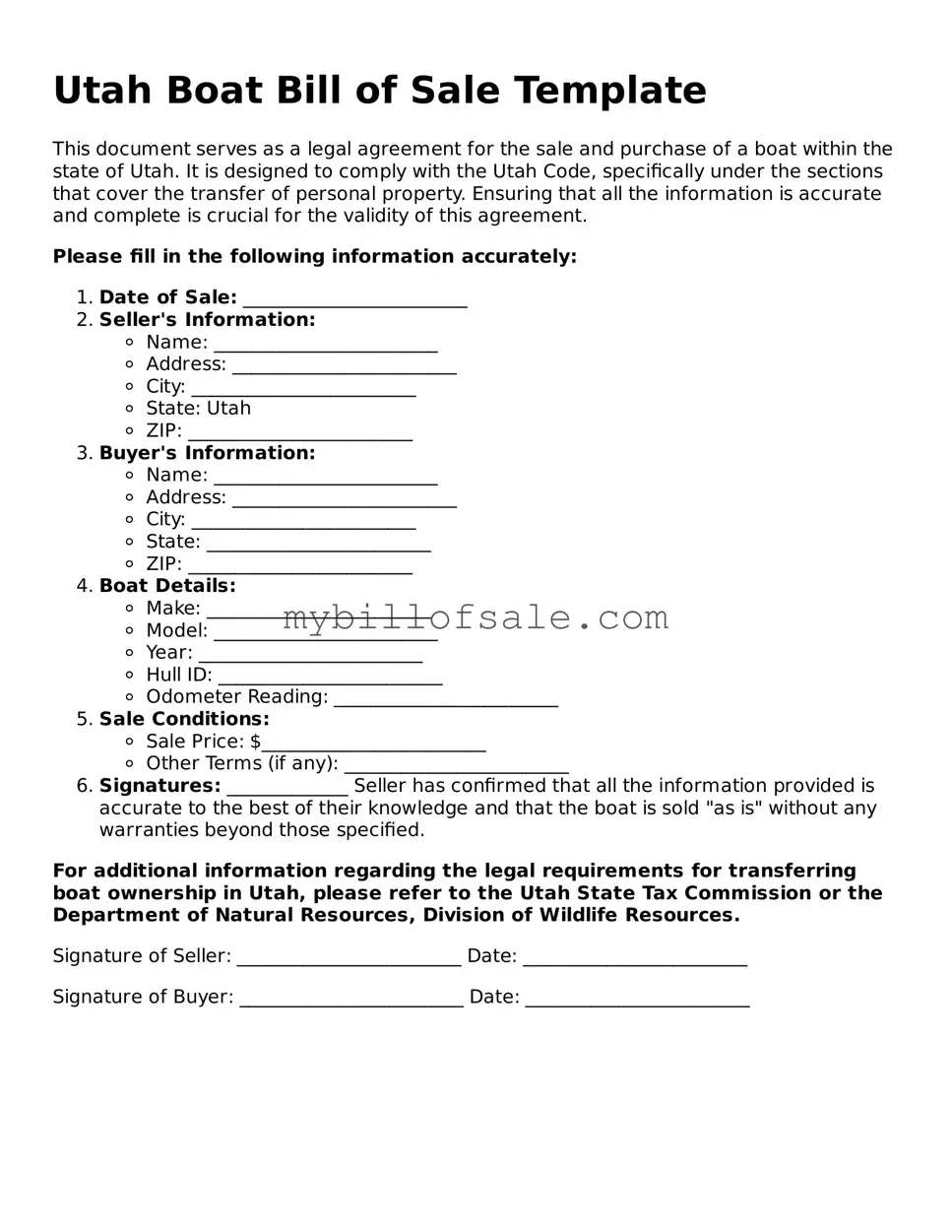 Official Utah Boat Bill of Sale Template
