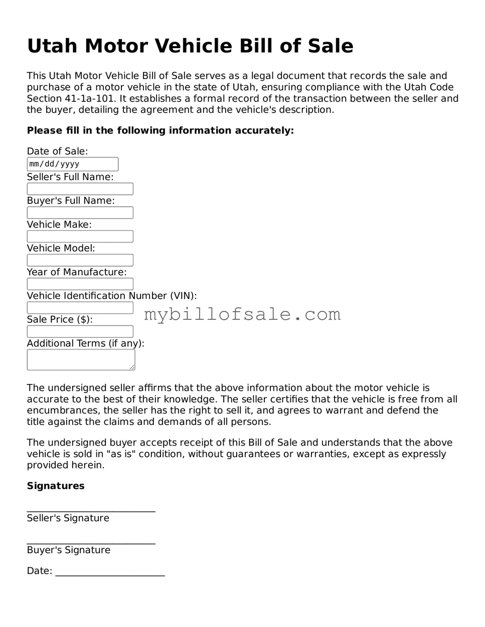 Official Utah Motor Vehicle Bill of Sale Template