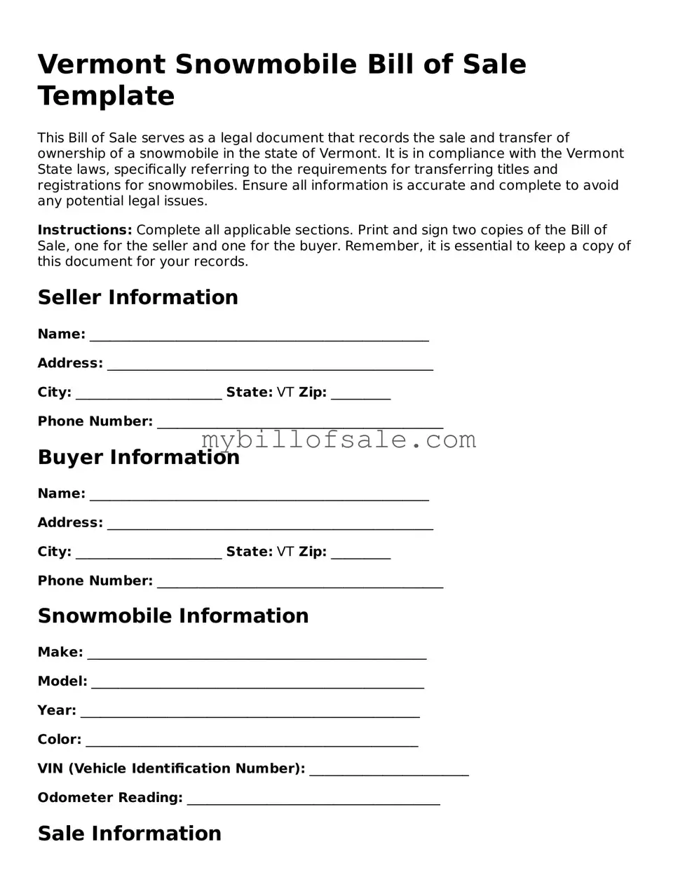 Official Vermont Snowmobile Bill of Sale Template