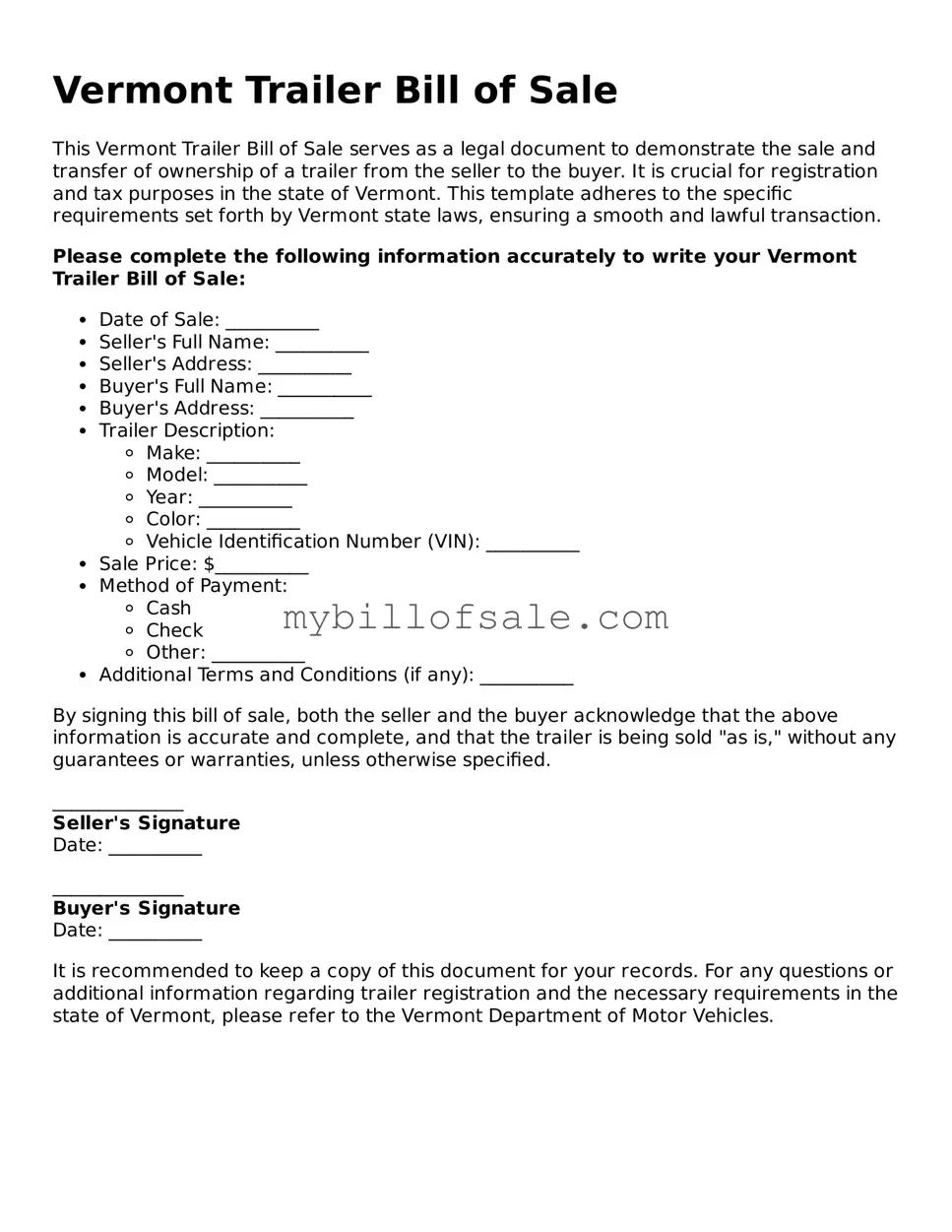 Official Vermont Trailer Bill of Sale Template