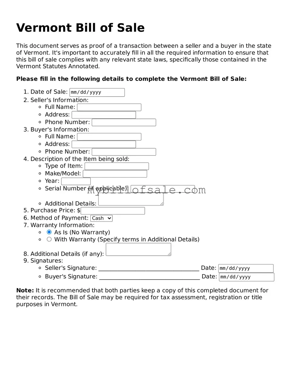 Official Vermont Bill of Sale Template