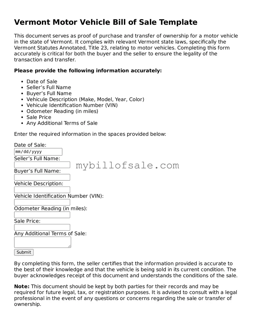 Official Vermont Motor Vehicle Bill of Sale Template