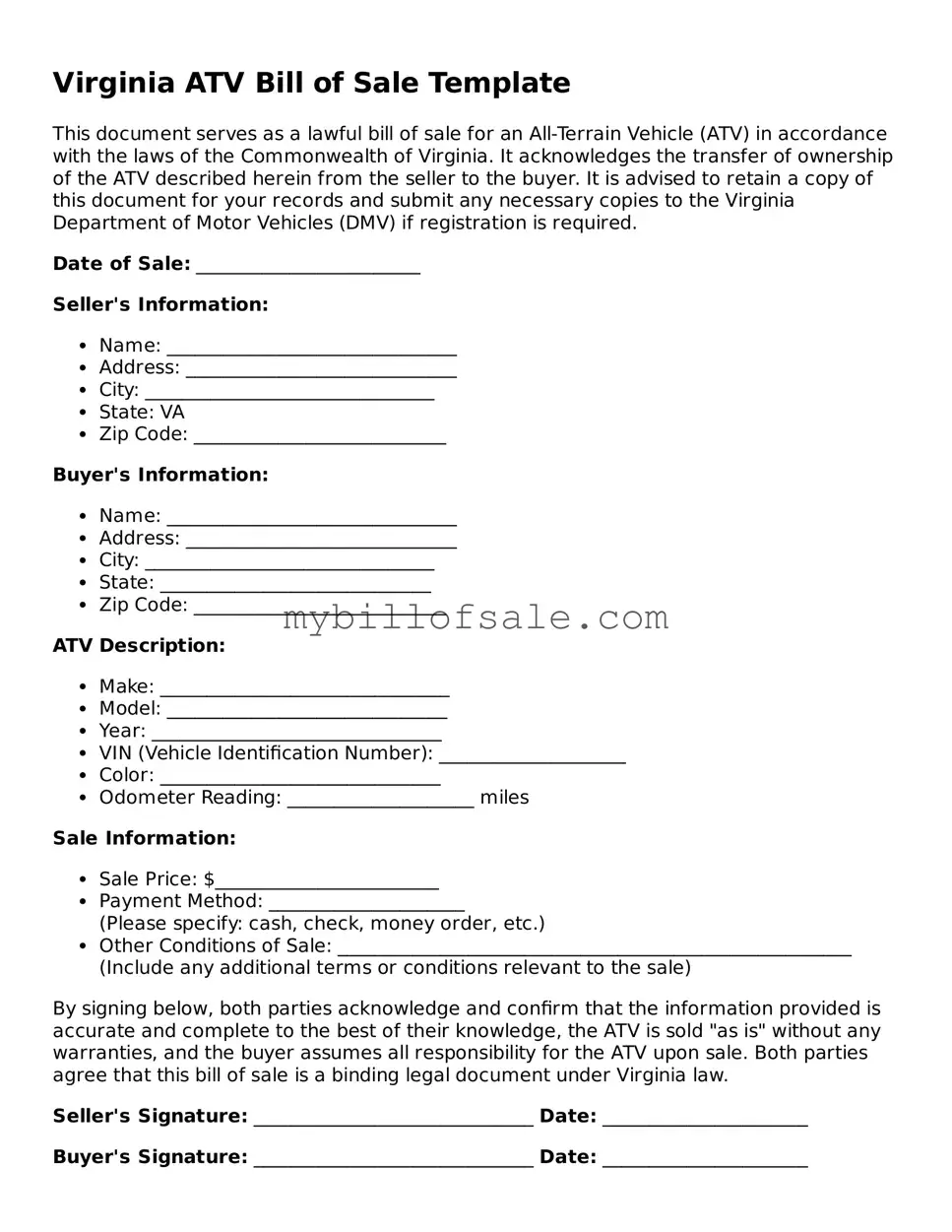 Official Virginia ATV Bill of Sale Template