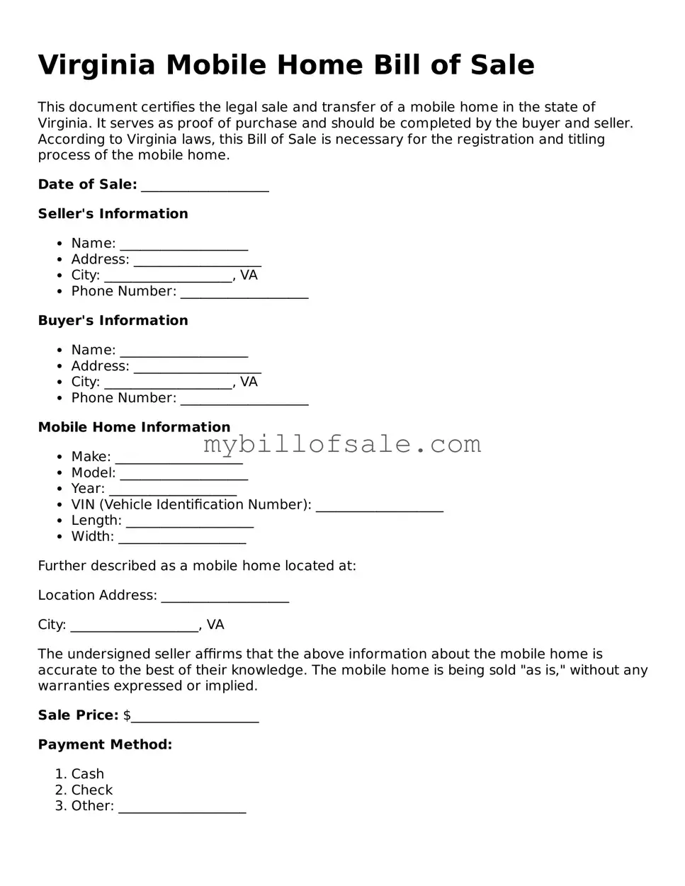 Official Virginia Mobile Home Bill of Sale Template
