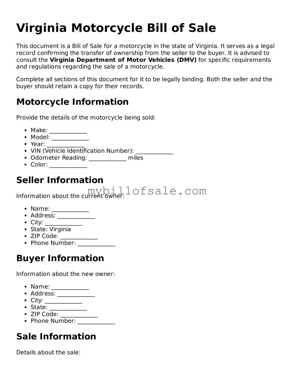 Official Virginia Motorcycle Bill of Sale Template