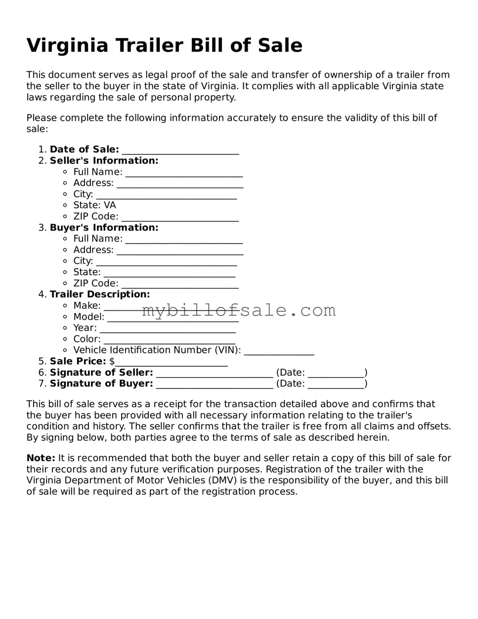 Official Virginia Trailer Bill of Sale Template