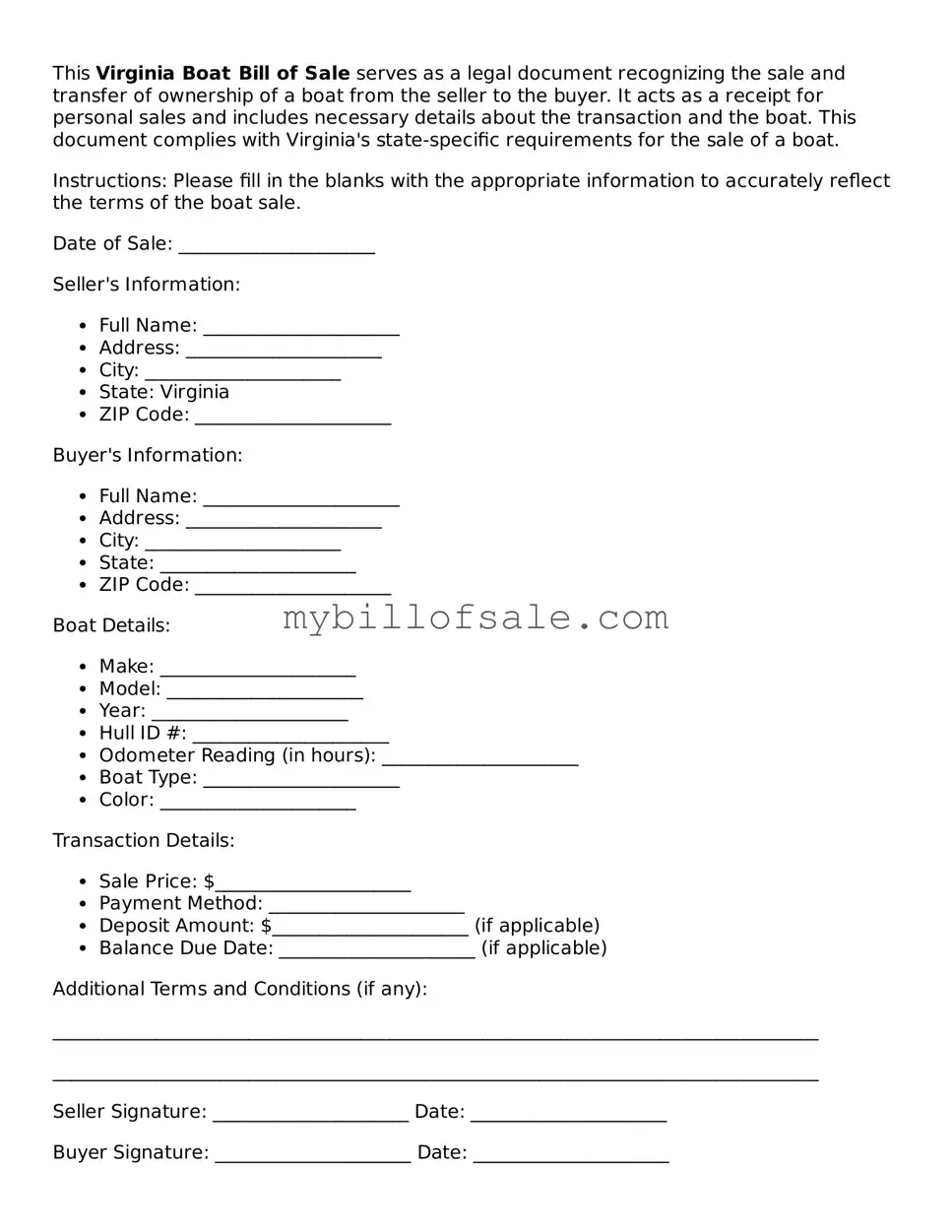 Official Virginia Boat Bill of Sale Template