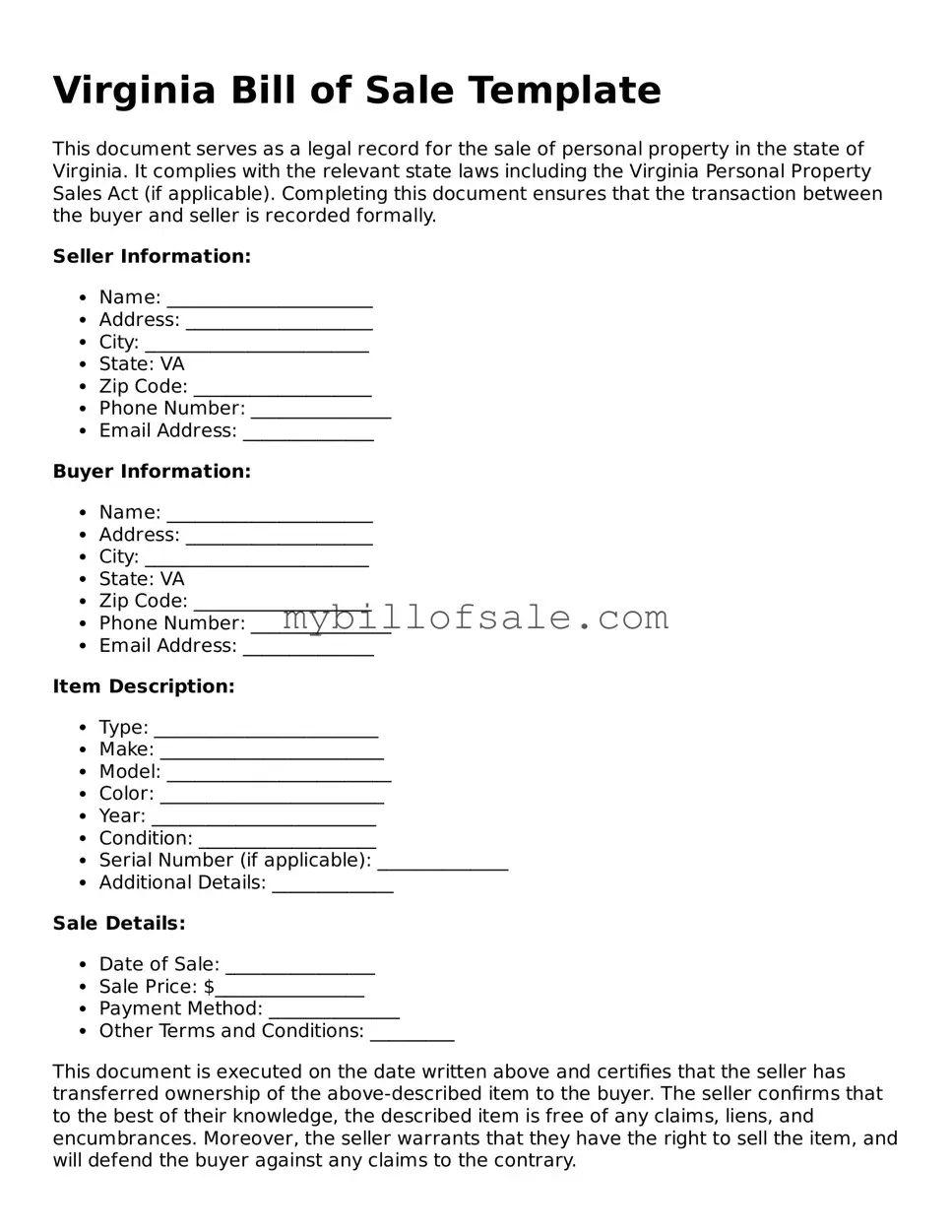 Official Virginia Bill of Sale Template