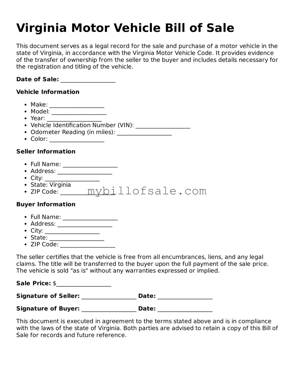 Official Virginia Motor Vehicle Bill of Sale Template