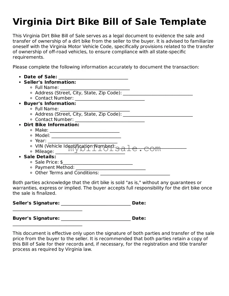 Official Virginia Dirt Bike Bill of Sale Template