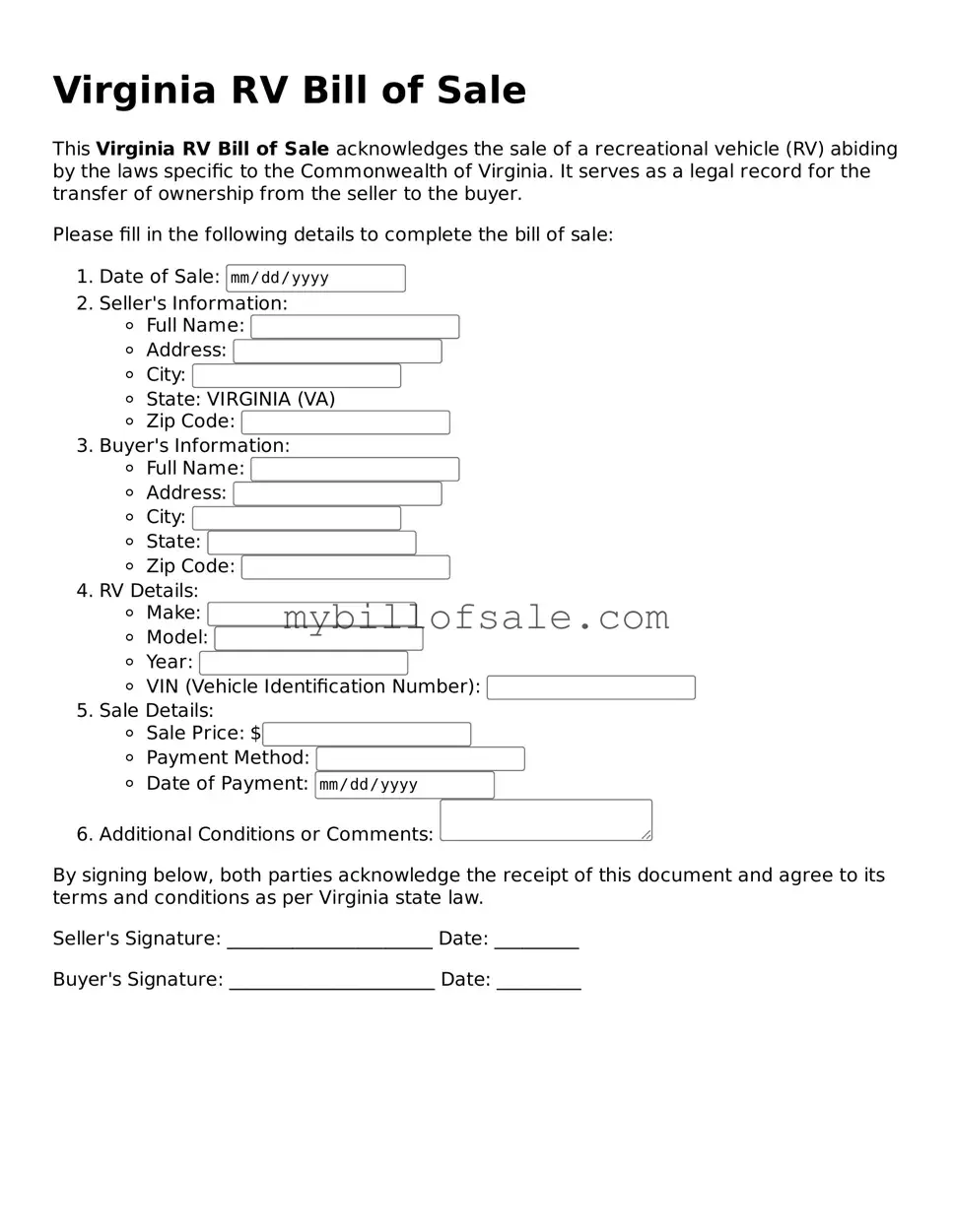 Official Virginia RV Bill of Sale Template