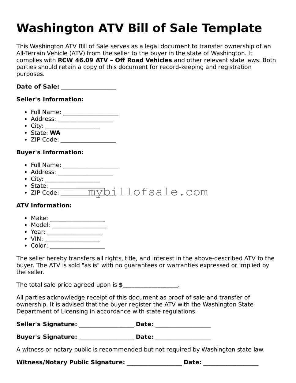 Official Washington ATV Bill of Sale Template