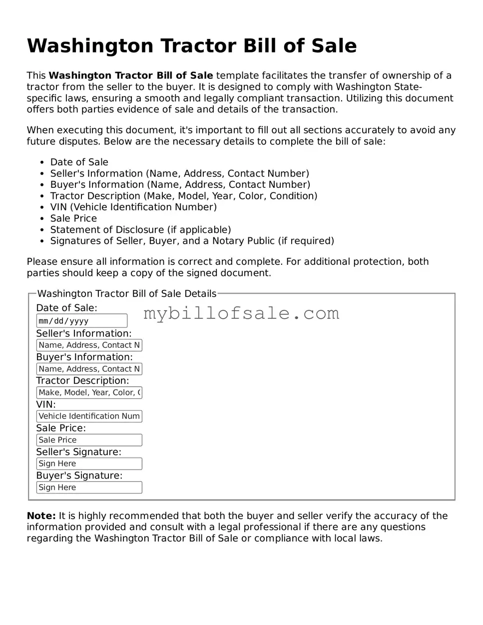 Official Washington Tractor Bill of Sale Template