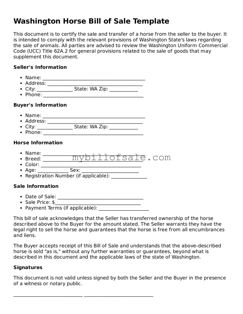Official Washington Horse Bill of Sale Template