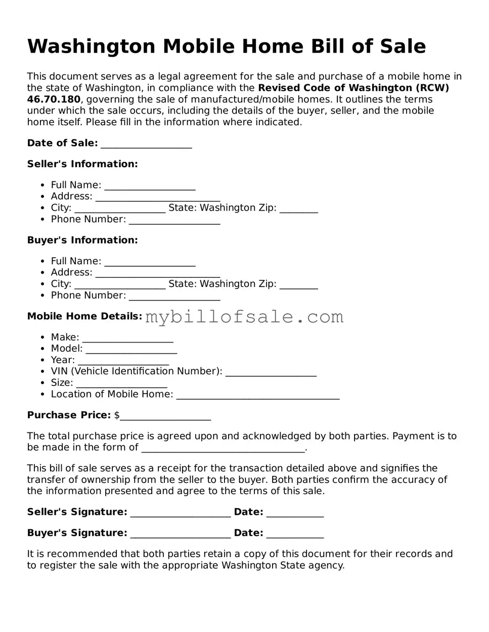 Official Washington Mobile Home Bill of Sale Template