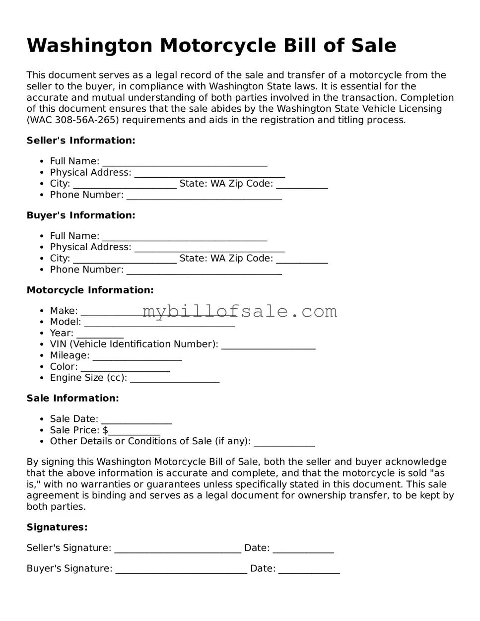 Official Washington Motorcycle Bill of Sale Template