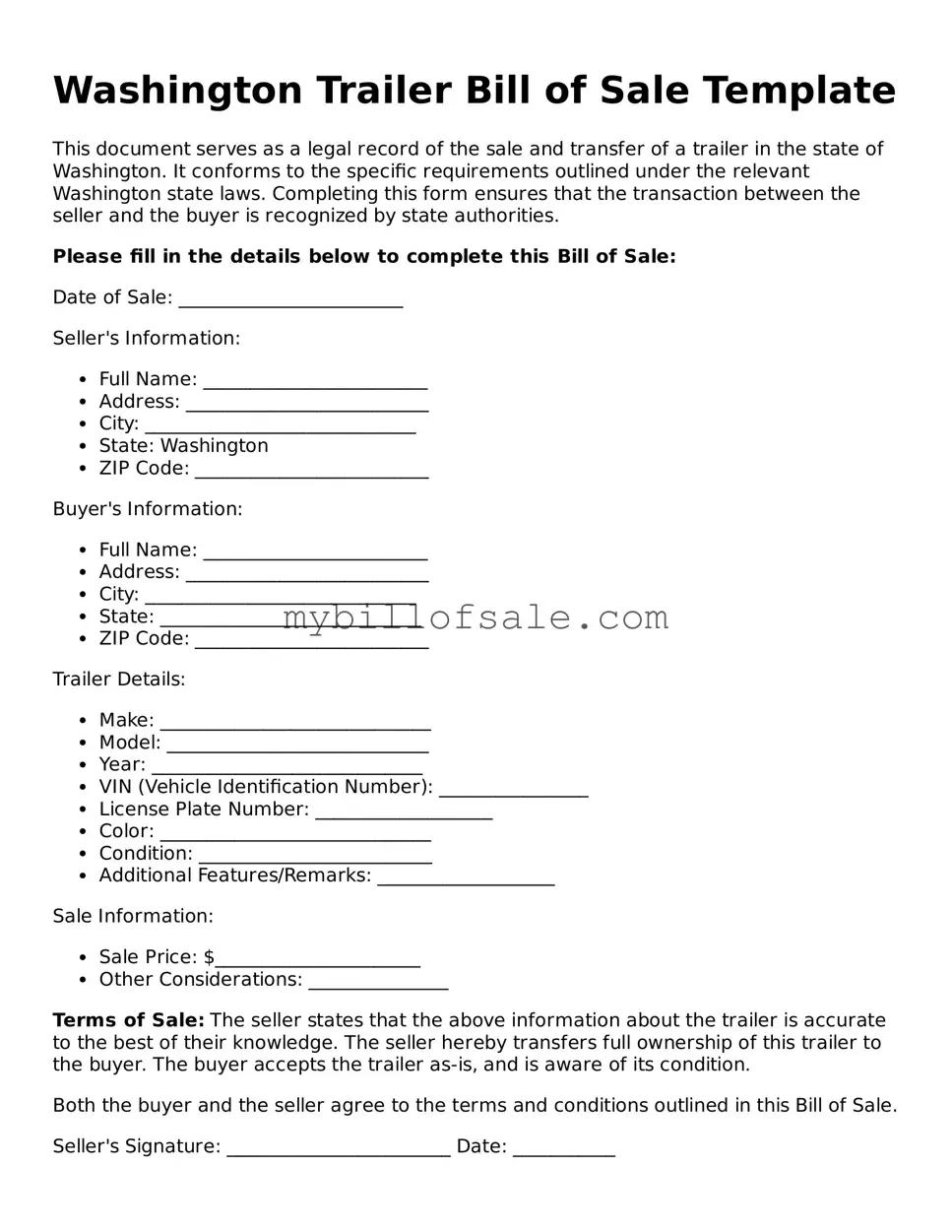 Official Washington Trailer Bill of Sale Template